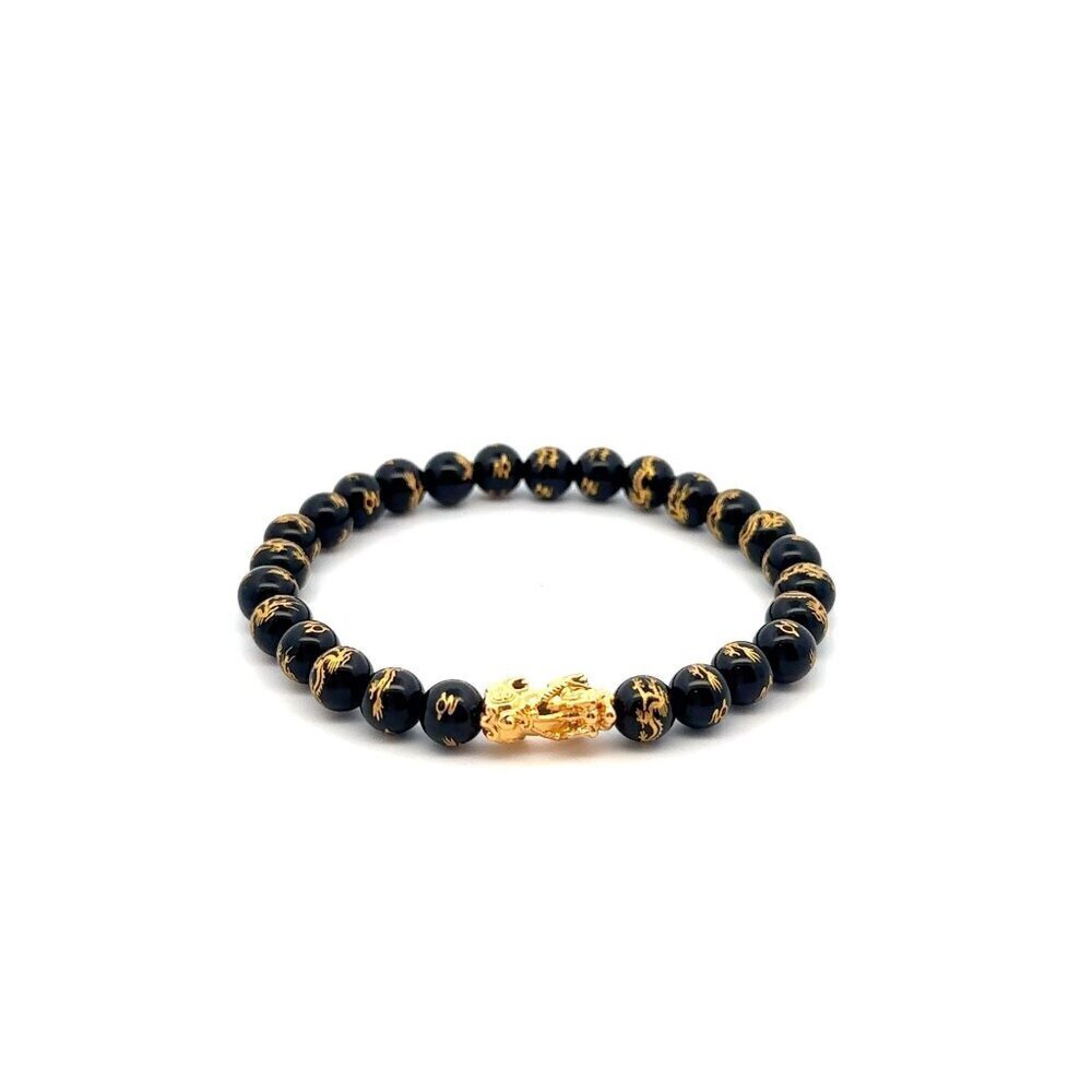 18K Gold Pixiu Piyao Bracelet Natural Black Carved Onyx Gemstones 6mm Lucky Char